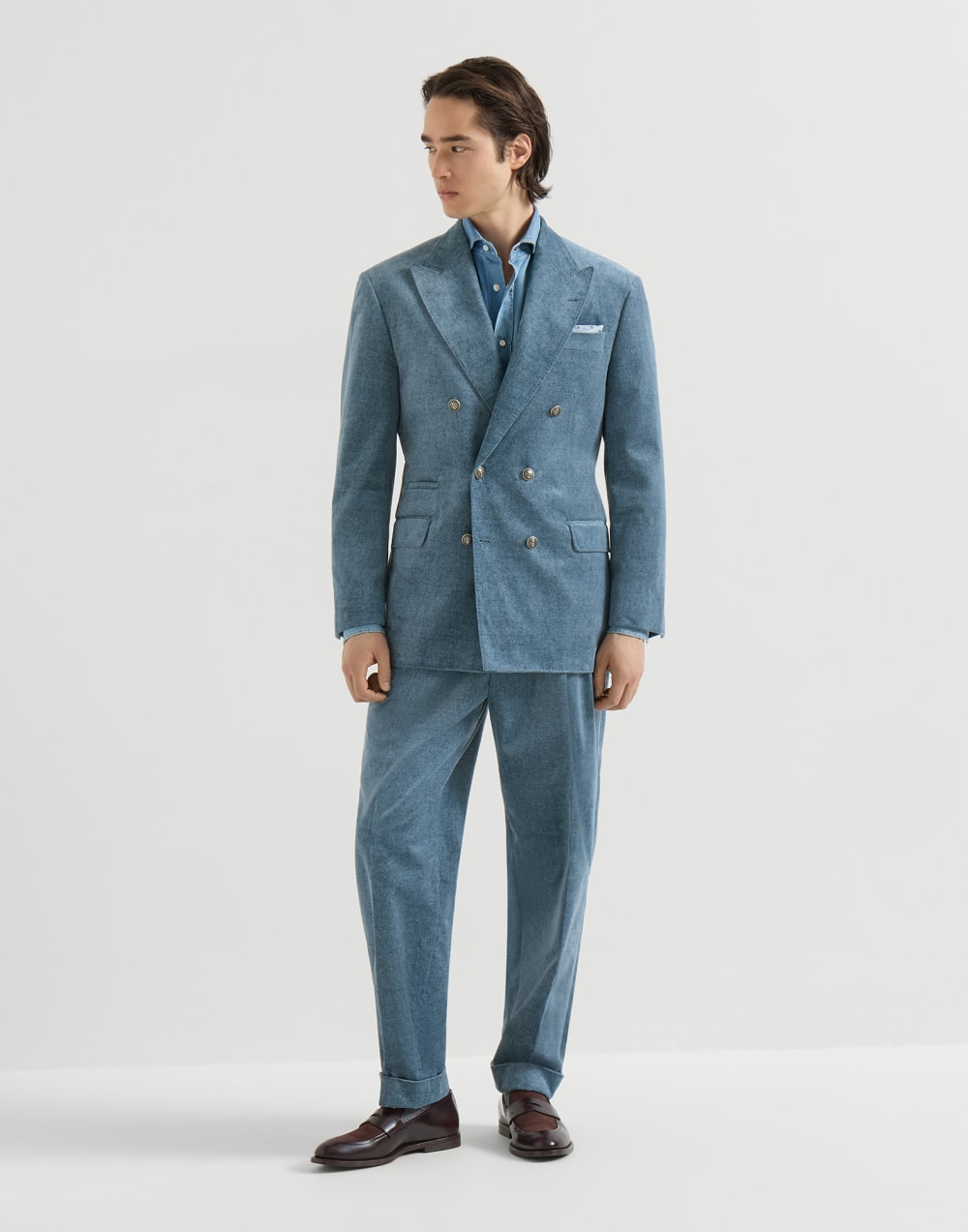 Denim-effect velvet Tailor suit Cerulean Man - Brunello Cucinelli