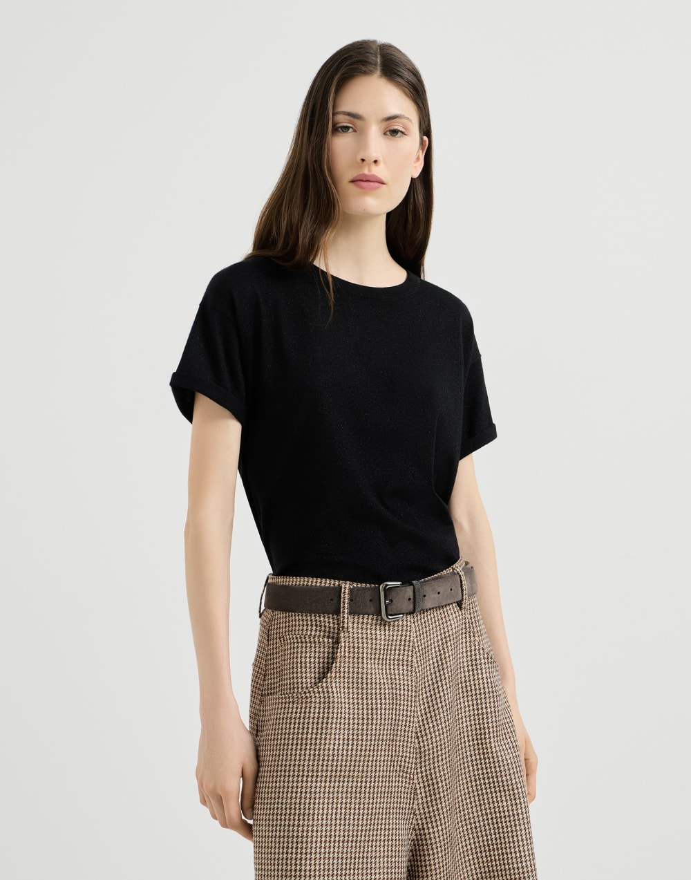Cashmere and silk knit T-shirt Black Woman - Brunello Cucinelli