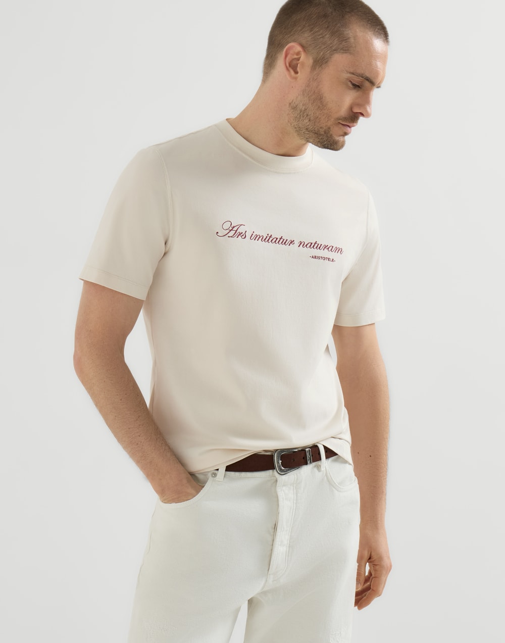 T-shirt con ricamo e stampa Bianco Uomo - Brunello Cucinelli