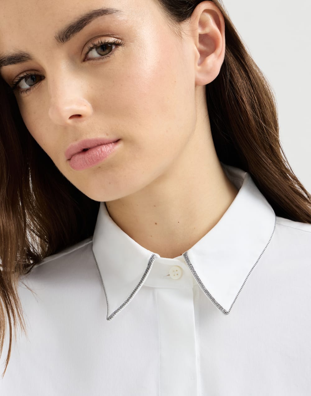 Stretch poplin shirt with monili White Woman - Brunello Cucinelli
