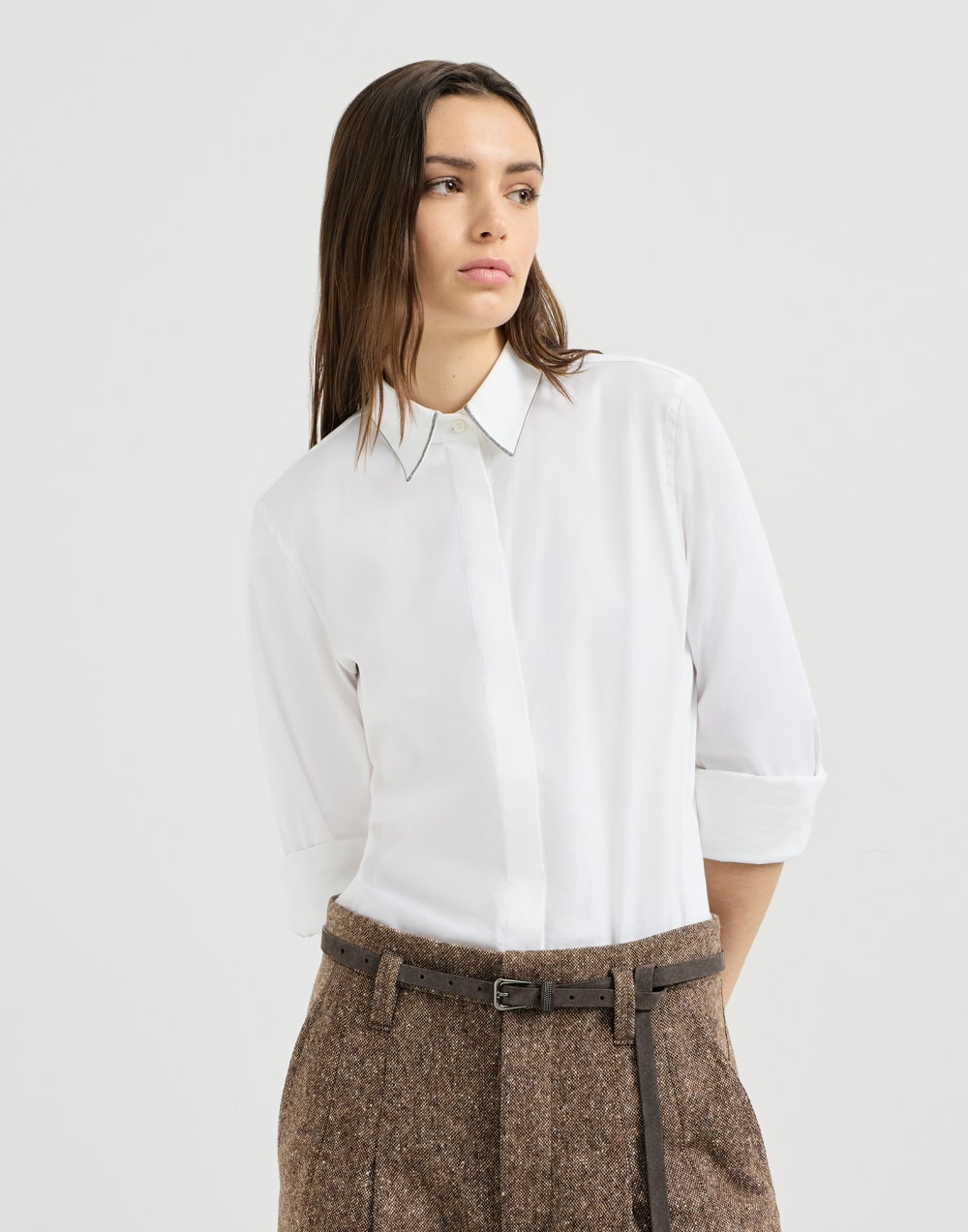 Stretch poplin shirt with monili White Woman - Brunello Cucinelli