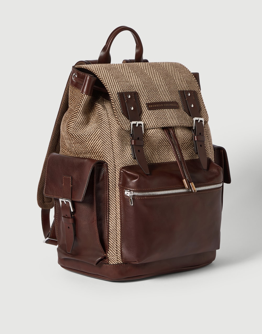 Calfskin and chevron city backpack Brown Man - Brunello Cucinelli