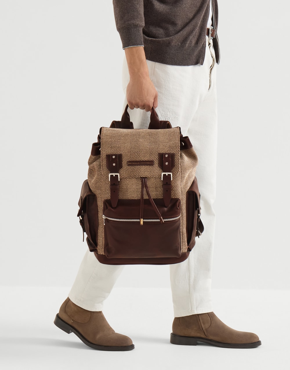Calfskin and chevron city backpack Brown Man - Brunello Cucinelli