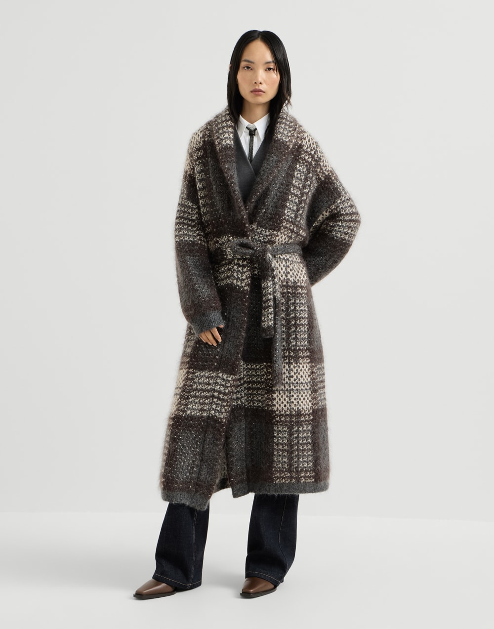Dazzling Tartan double knit coat Anthracite Woman - Brunello Cucinelli