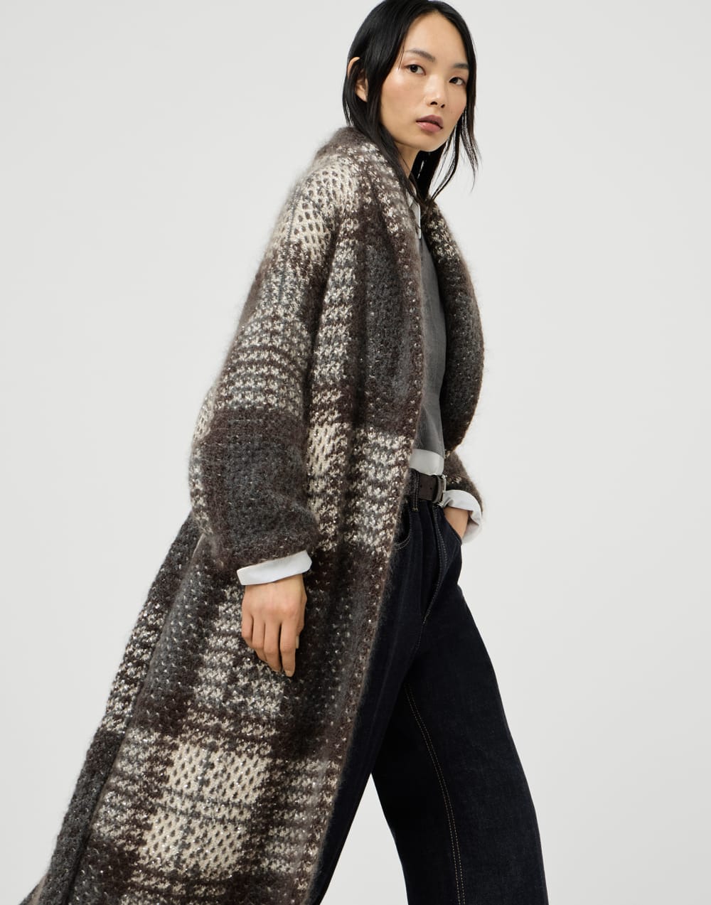 Dazzling Tartan double knit coat Anthracite Woman - Brunello Cucinelli