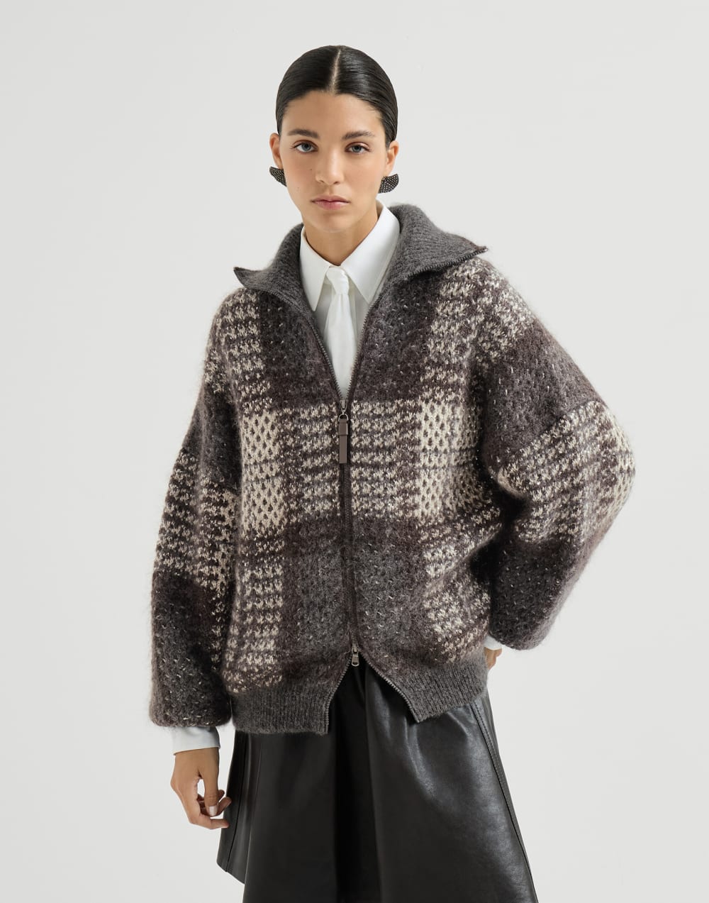 Cardigan Dazzling Tartan in maglia double Antracite Donna - Brunello Cucinelli