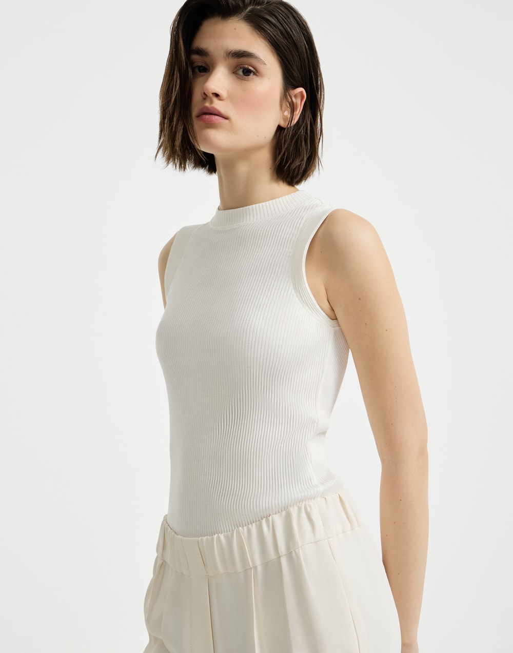 Ribbed jersey top with monili Ivory Woman - Brunello Cucinelli