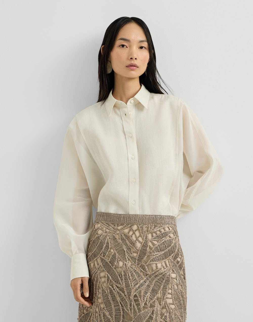 Linen and cotton organza shirt Milk Woman - Brunello Cucinelli