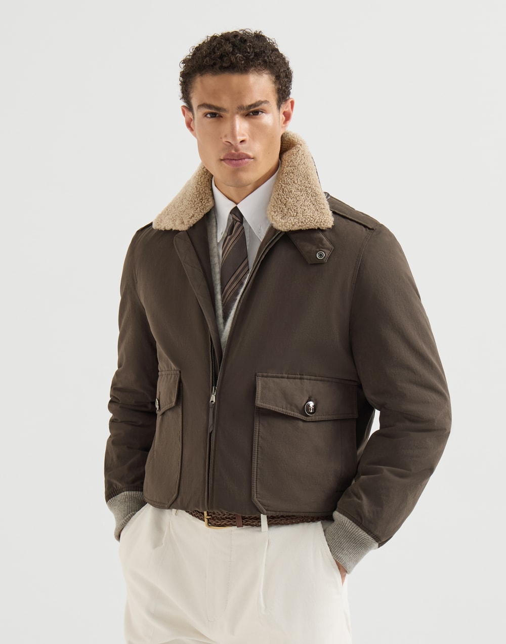 Techno cotton bomber jacket Brown Man - Brunello Cucinelli