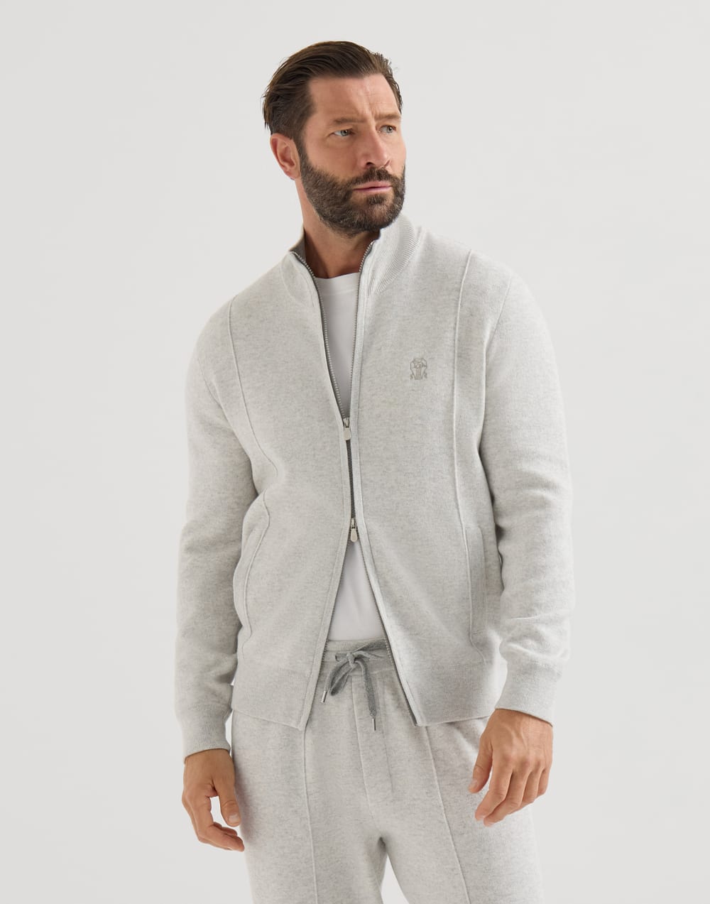Cashmere cardigan with logo Light Grey Man - Brunello Cucinelli