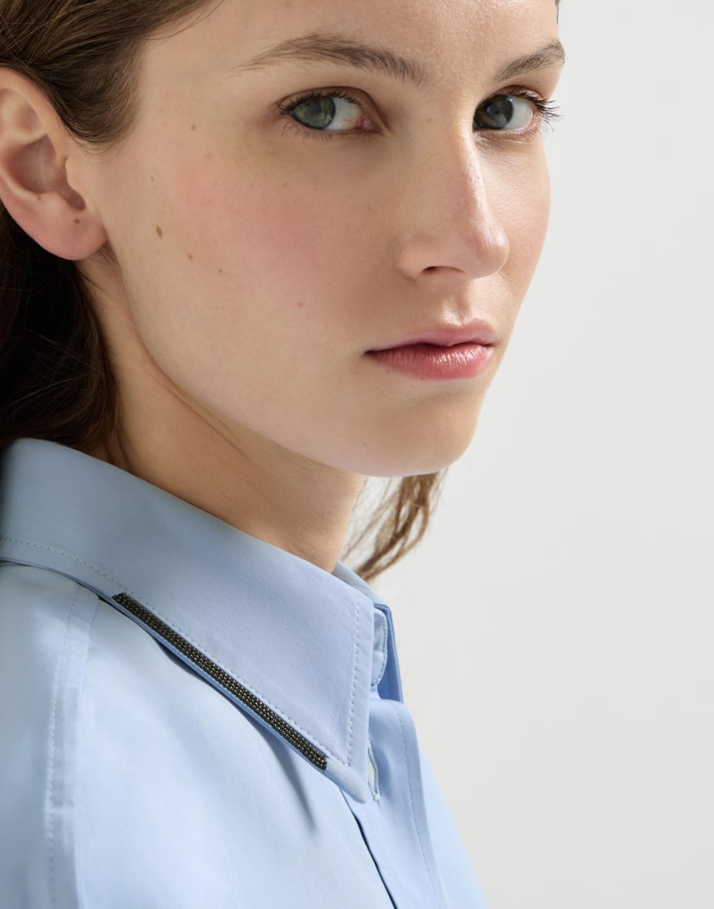 Poplin shirt with monili Oxford Blue Woman - Brunello Cucinelli