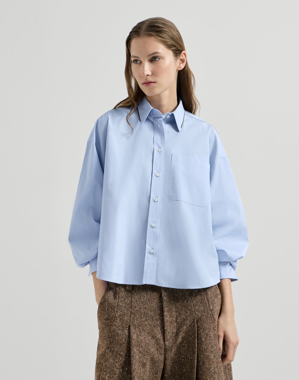 Poplin shirt with monili Oxford Blue Woman - Brunello Cucinelli