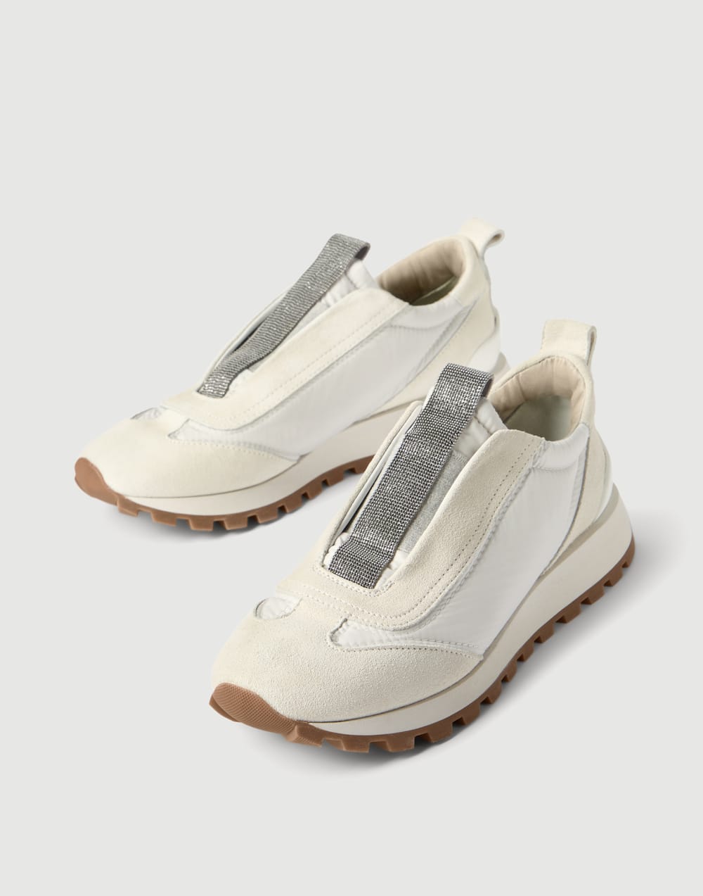 Sneakers aus Veloursleder mit Monili Weiß Damen - Brunello Cucinelli