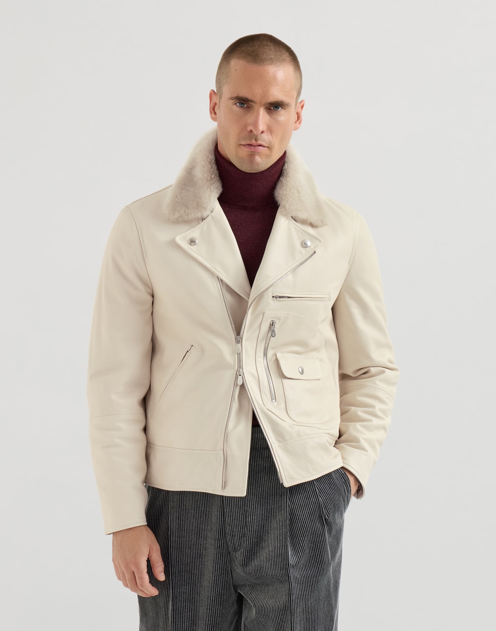 Nappa leather biker jacket Ivory Man - Brunello Cucinelli