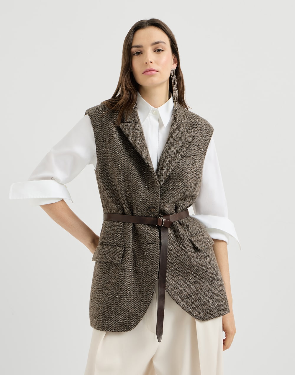 Sparkling chevron vest with belt Pine Cone Brown Woman - Brunello Cucinelli