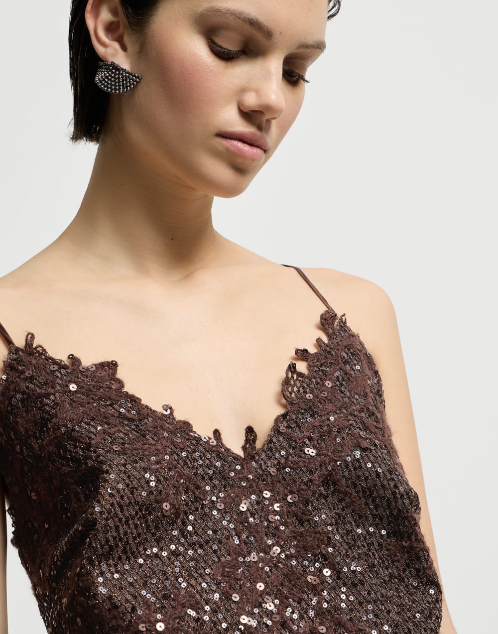 Dazzling lace embroidery dress Brown Gianduia Woman - Brunello Cucinelli