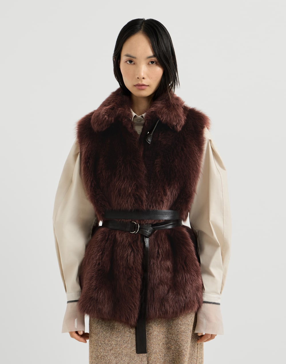Lux shearling vest with belt Burgundy Woman - Brunello Cucinelli