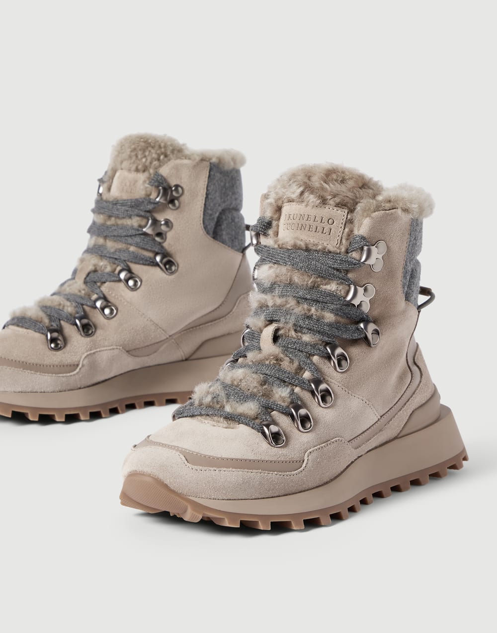 Runners en daim, maille et peau de mouton Gris Clair Femme - Brunello Cucinelli