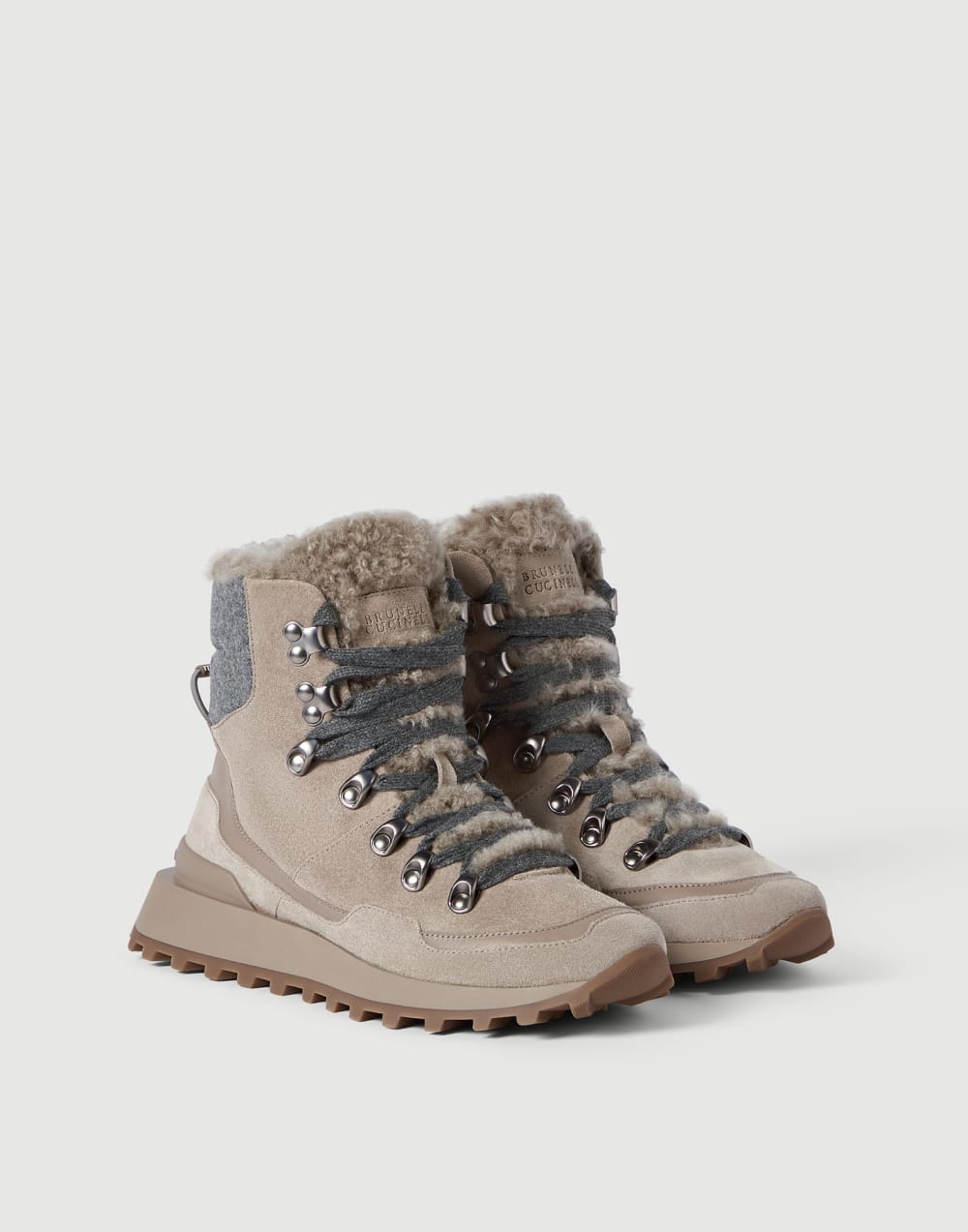 Runners en daim, maille et peau de mouton Gris Clair Femme - Brunello Cucinelli