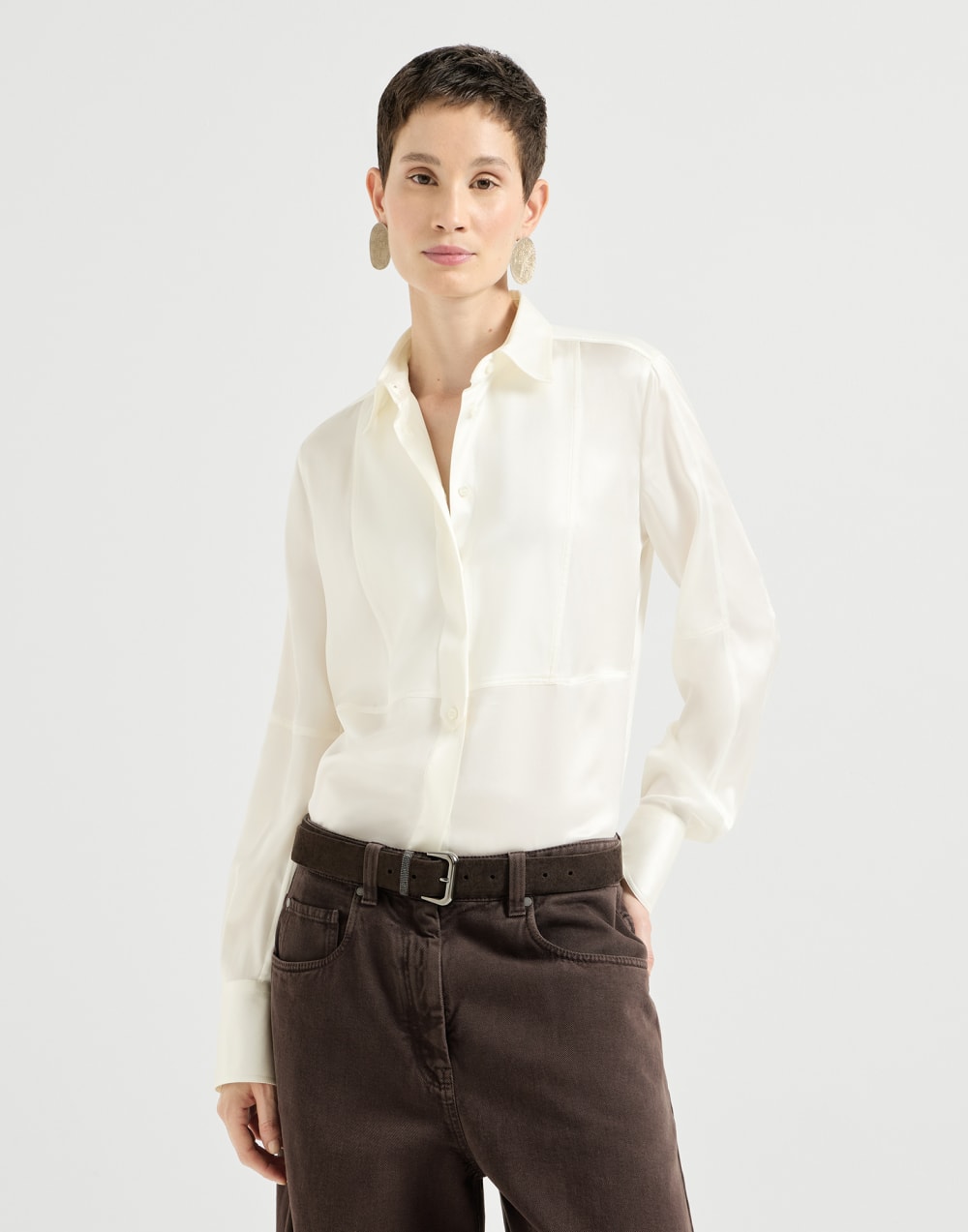 Stretch silk satin shirt White Woman - Brunello Cucinelli