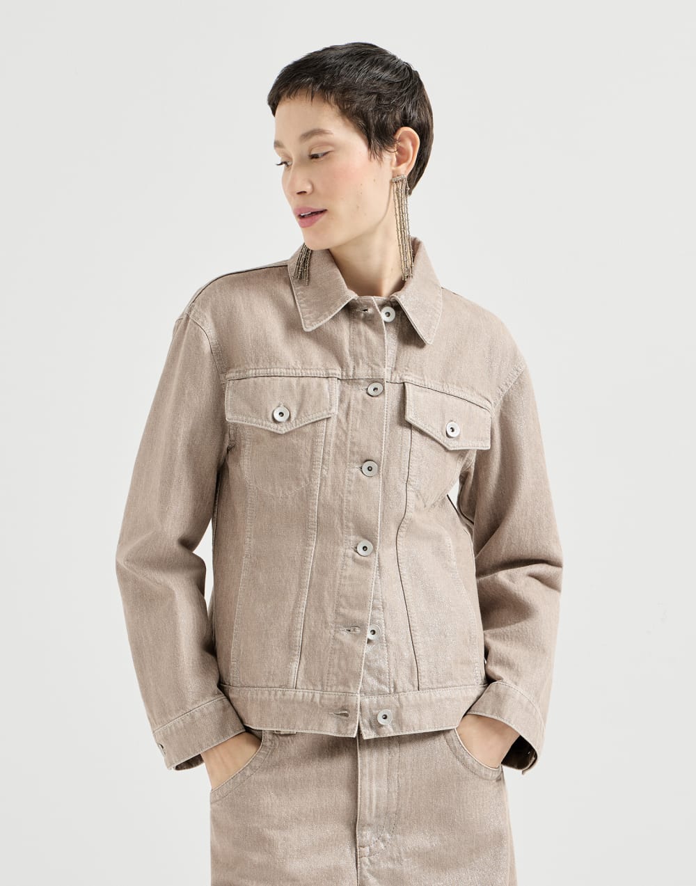Beige lamé denim outerwear jacket Rope Woman - Brunello Cucinelli