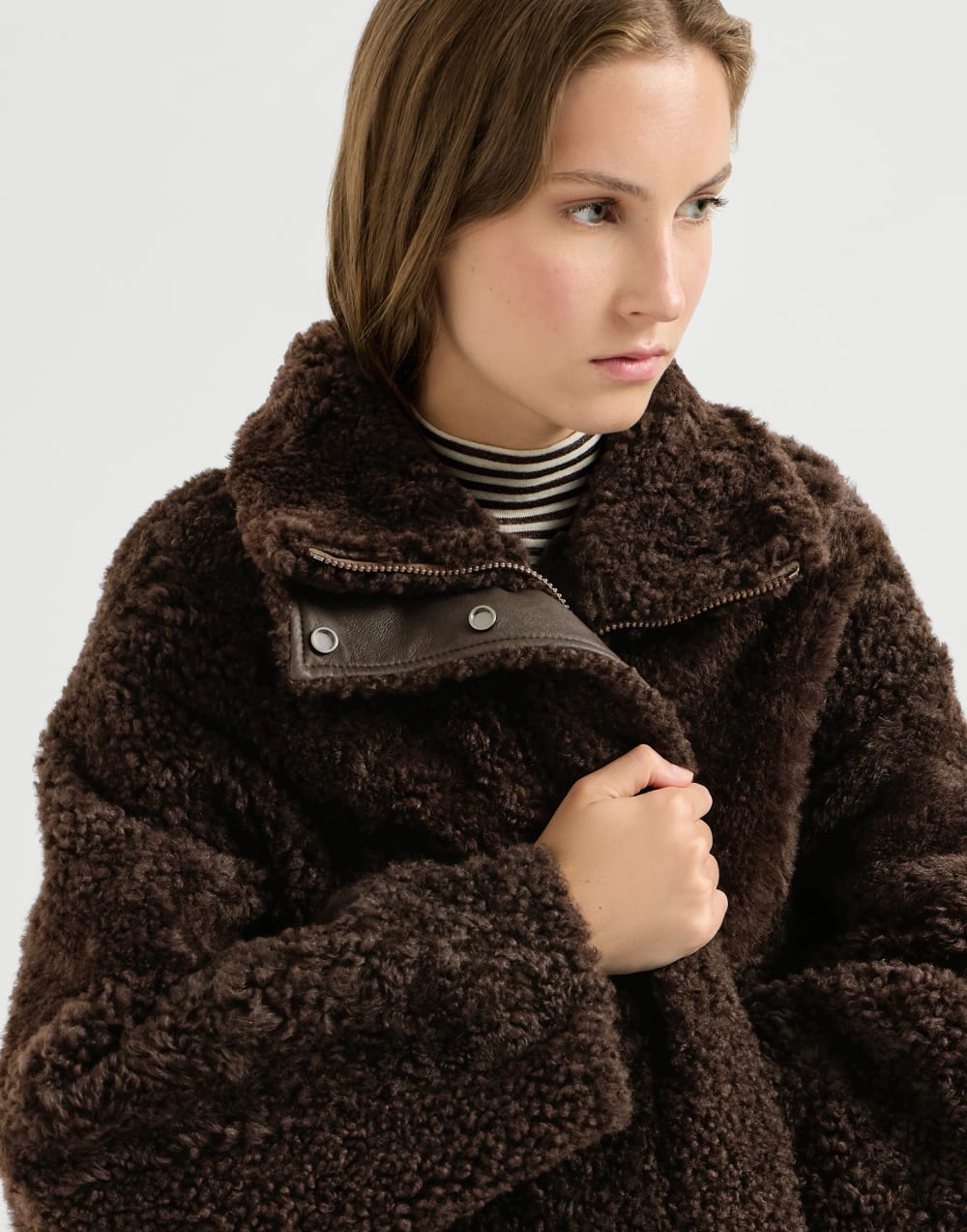 Fuzzy shearling outerwear jacket Brown Woman - Brunello Cucinelli