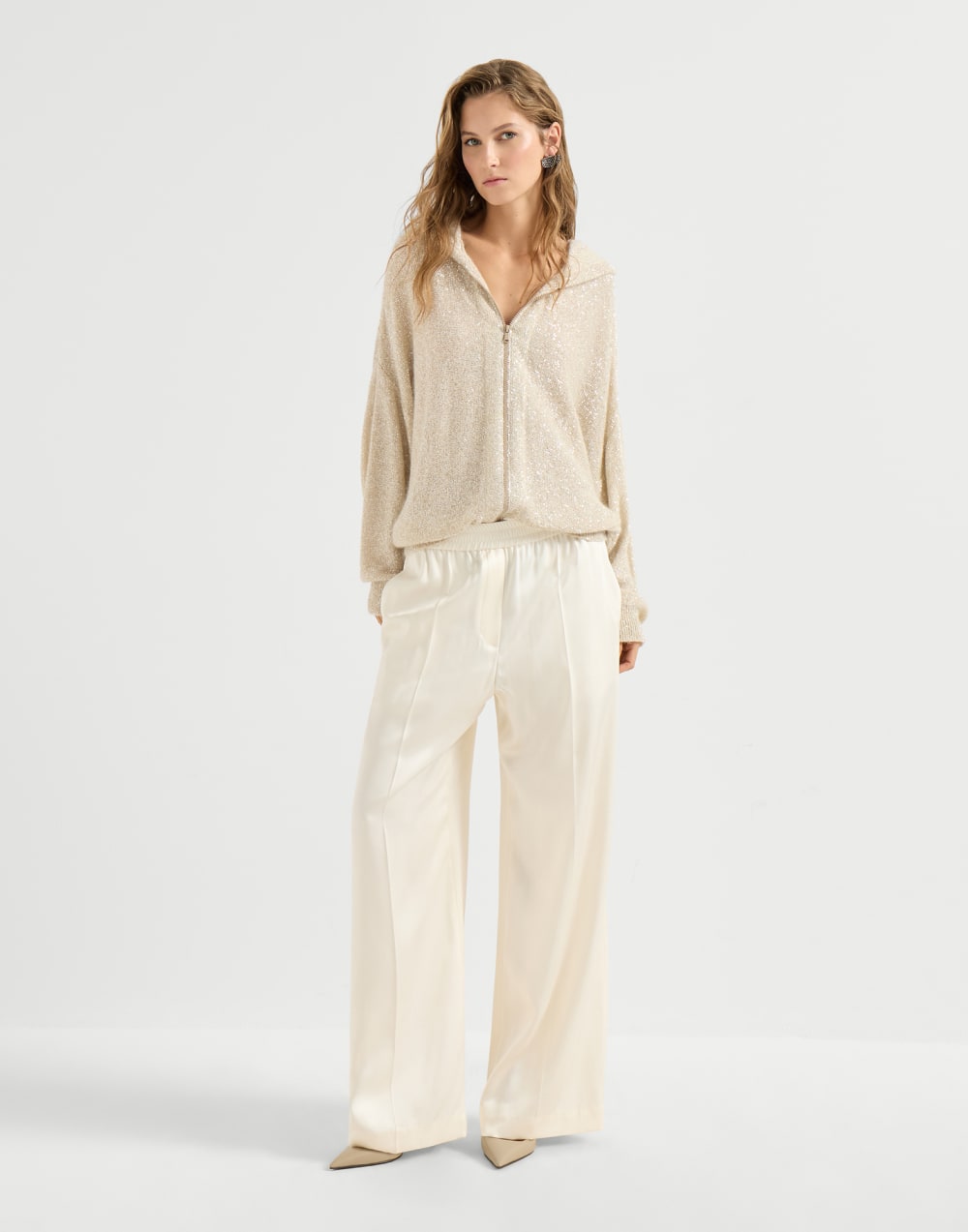 Mohair and wool dazzling texture cardigan Vanilla Woman - Brunello Cucinelli