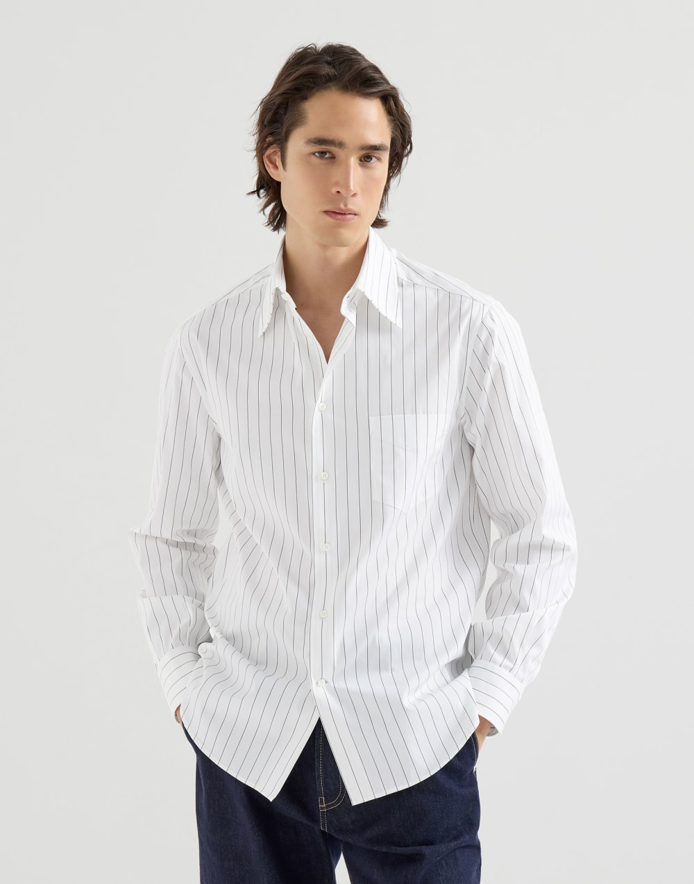 Pinstripe poplin shirt White Man - Brunello Cucinelli