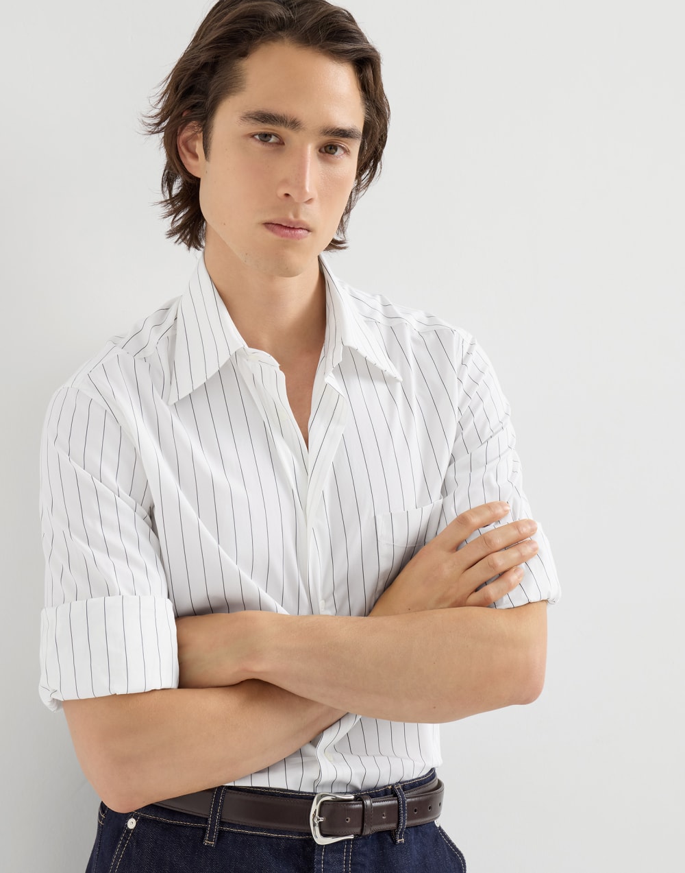 Pinstripe poplin shirt White Man - Brunello Cucinelli