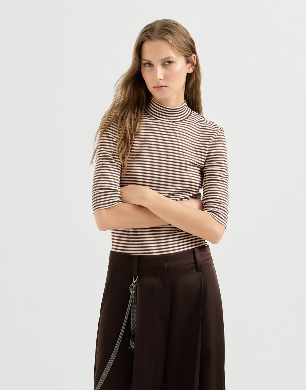 Jersey T-shirt with sparkling stripes Brown Woman - Brunello Cucinelli