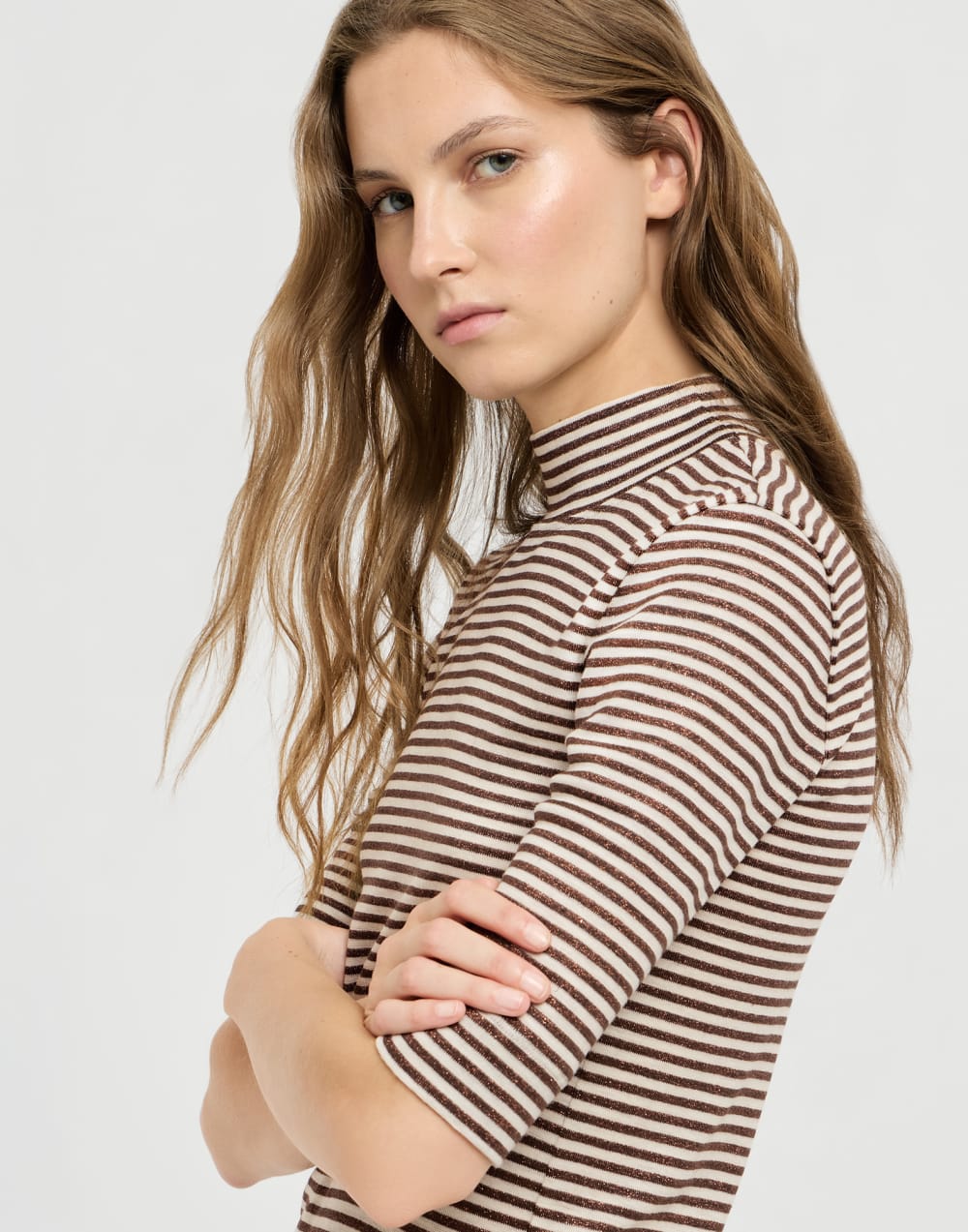 Jersey T-shirt with sparkling stripes Brown Woman - Brunello Cucinelli