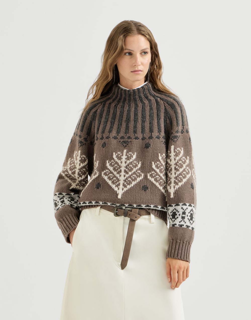 Nordic heritage high-neck sweater Light Brown Woman - Brunello Cucinelli