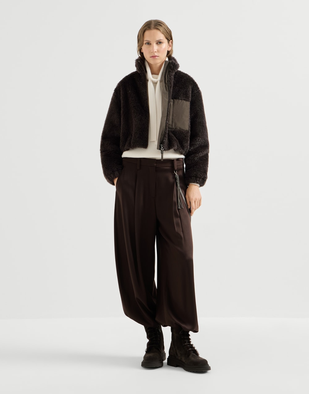 Crop-Jacke mit Monili Kaffee Damen - Brunello Cucinelli