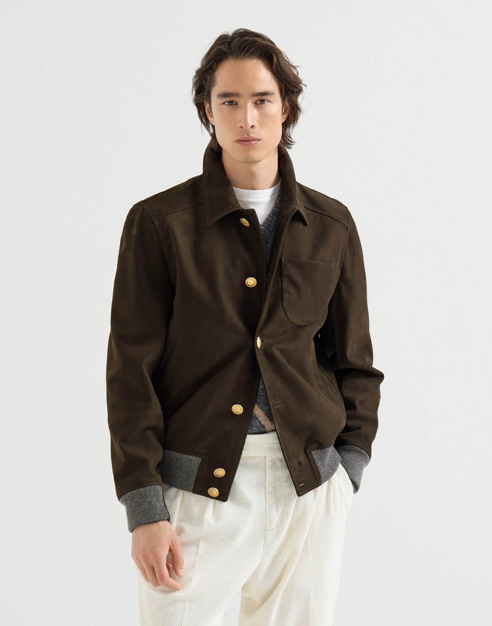 Nubuck shirt-style bomber jacket Rust Brown Man - Brunello Cucinelli
