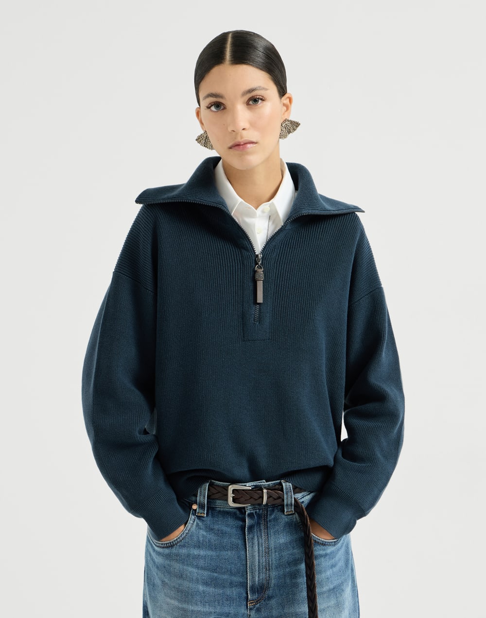 English rib knit cardigan Blue Woman - Brunello Cucinelli
