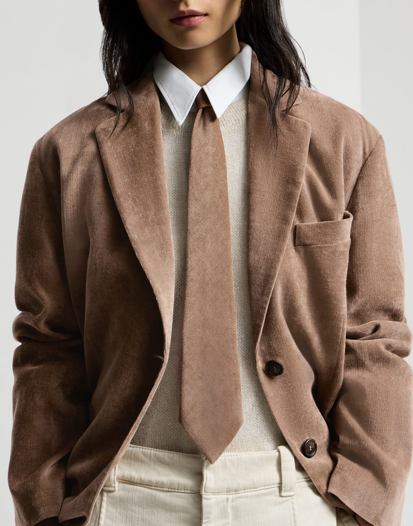 Corbata de terciopelo acanalado Fluid Capuchino Mujer - Brunello Cucinelli