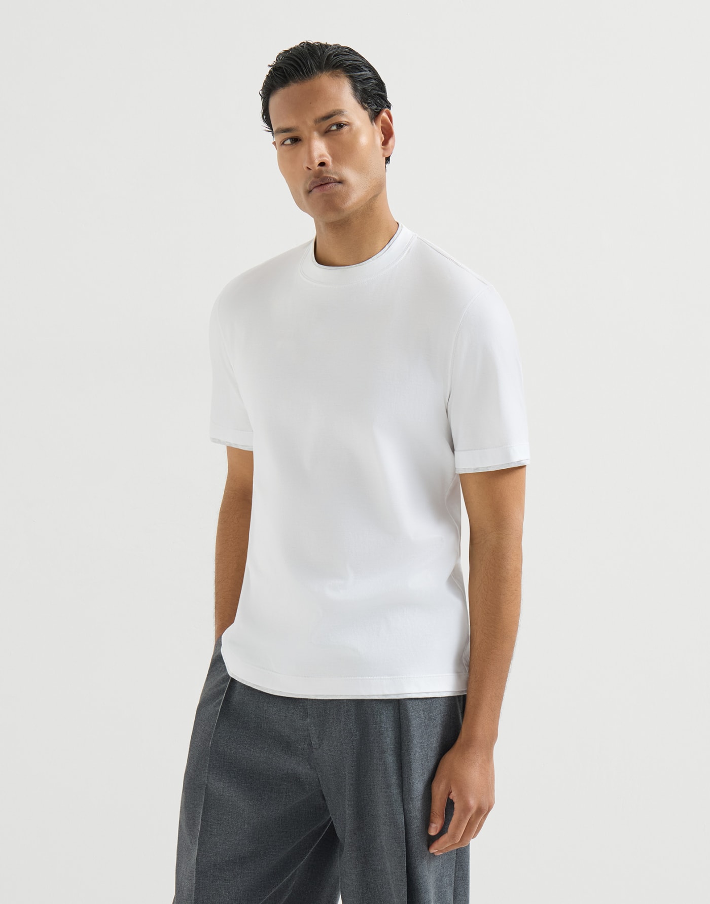 T-shirt with faux-layering White Man - Brunello Cucinelli