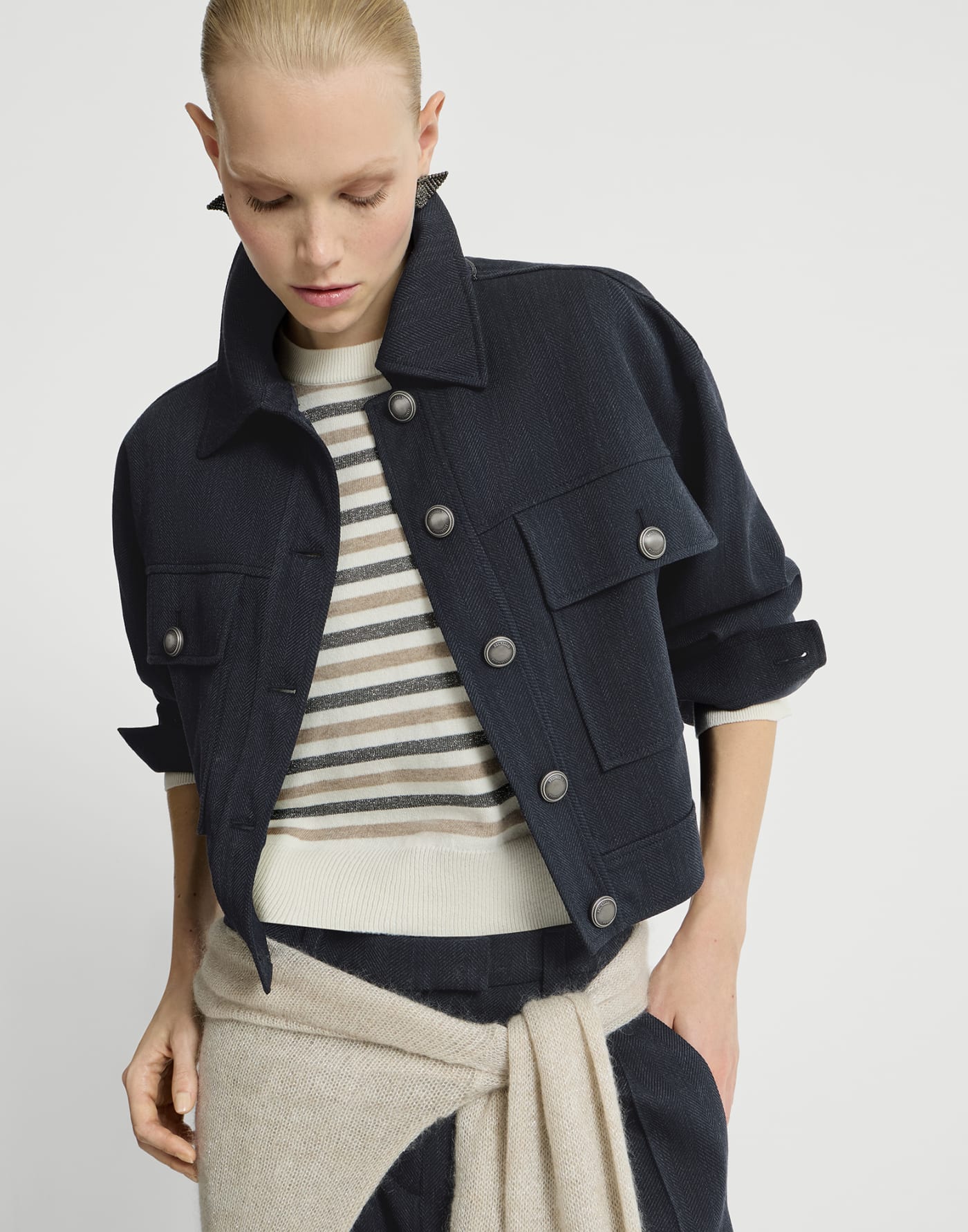 Crêpe chevron cropped outerwear jacket Navy Blue Woman - Brunello Cucinelli