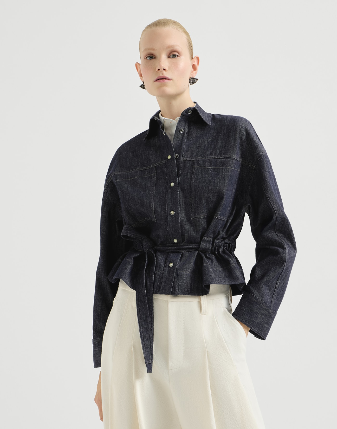 Denim-effect twill cropped shirt Dark Denim Woman - Brunello Cucinelli