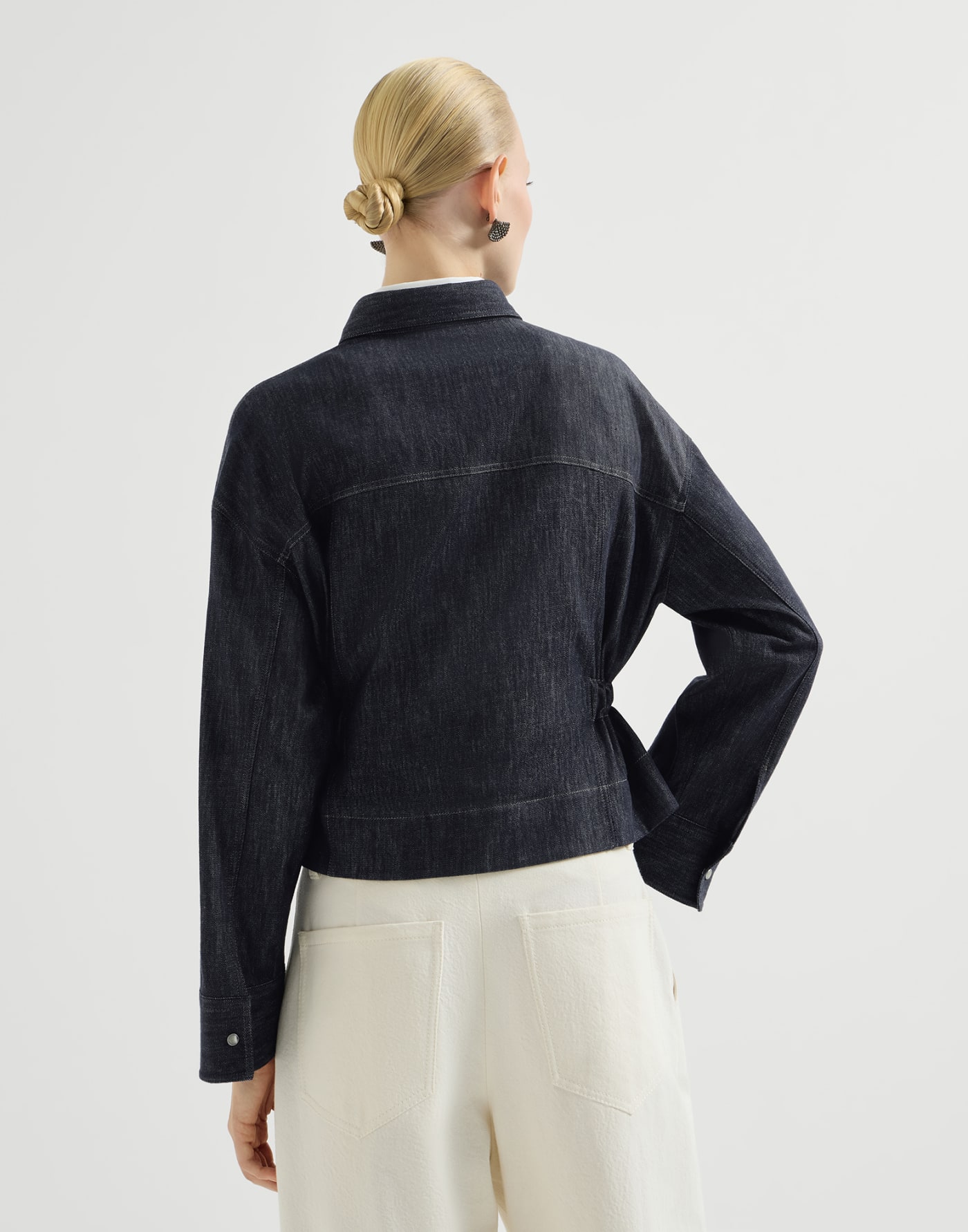 Denim-effect twill cropped shirt Dark Denim Woman - Brunello Cucinelli