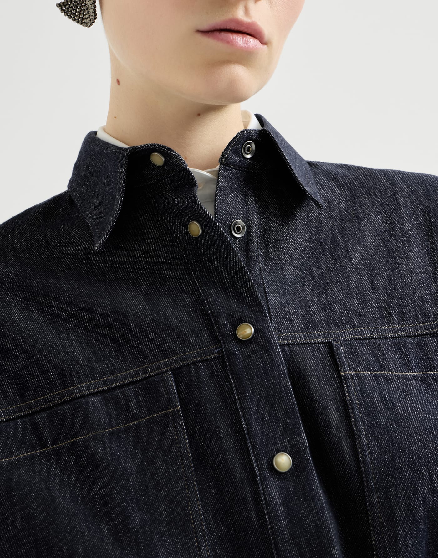 Denim-effect twill cropped shirt Dark Denim Woman - Brunello Cucinelli