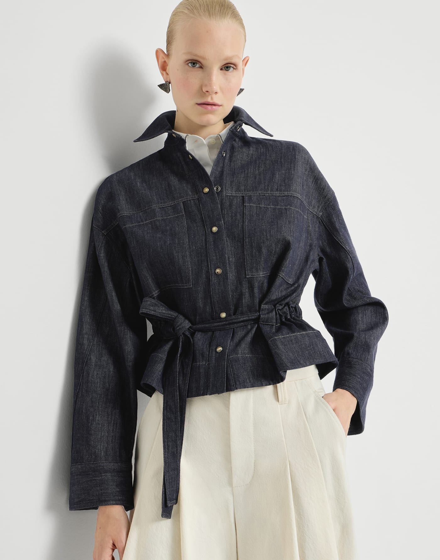 Denim-effect twill cropped shirt Dark Denim Woman - Brunello Cucinelli