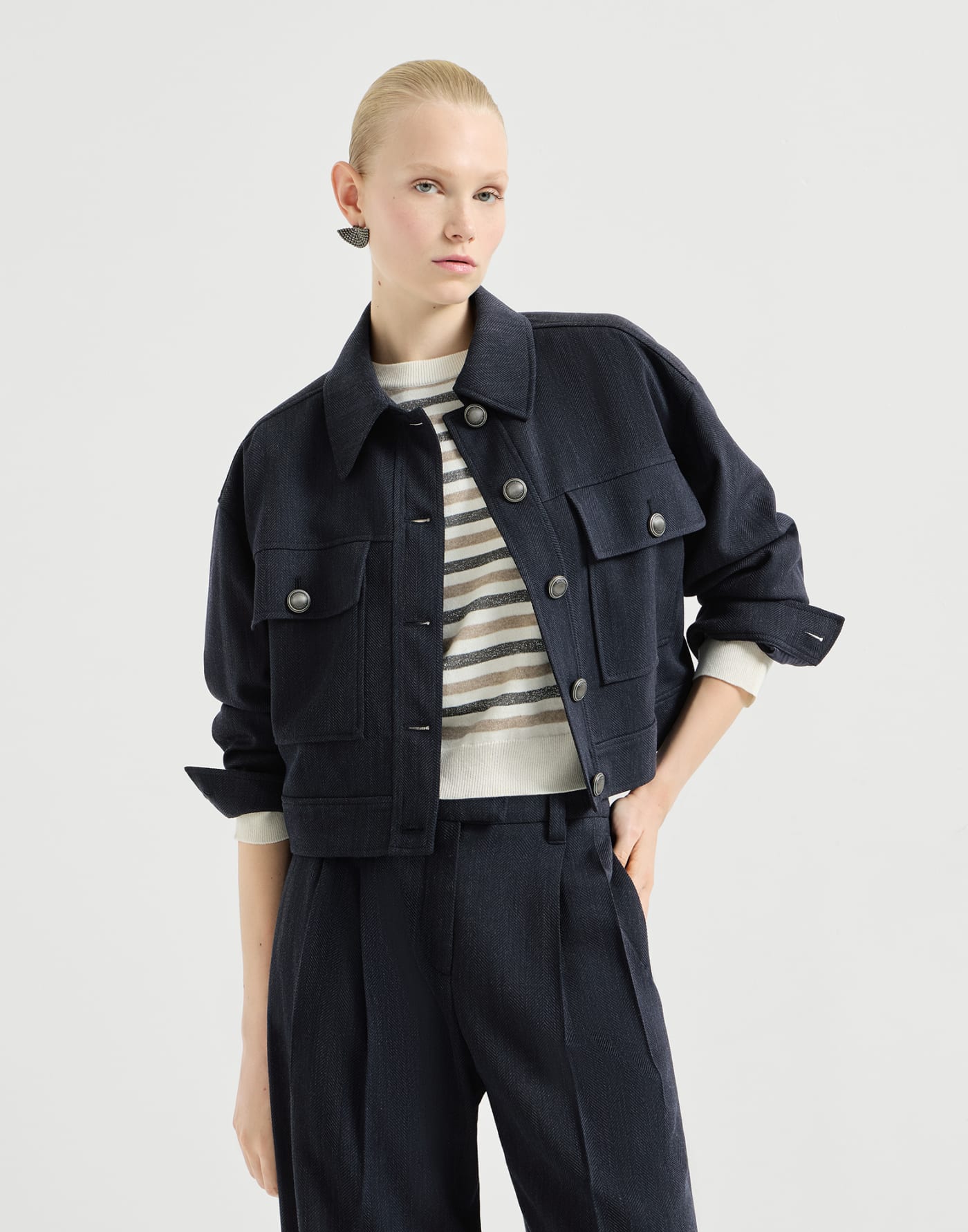 Crêpe chevron cropped outerwear jacket Navy Blue Woman - Brunello Cucinelli