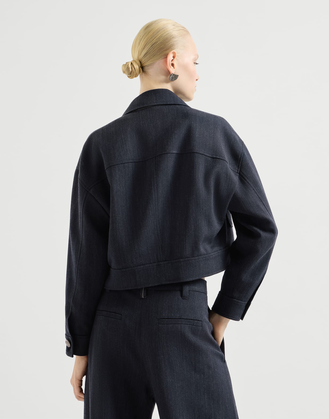 Crêpe chevron cropped outerwear jacket Navy Blue Woman - Brunello Cucinelli