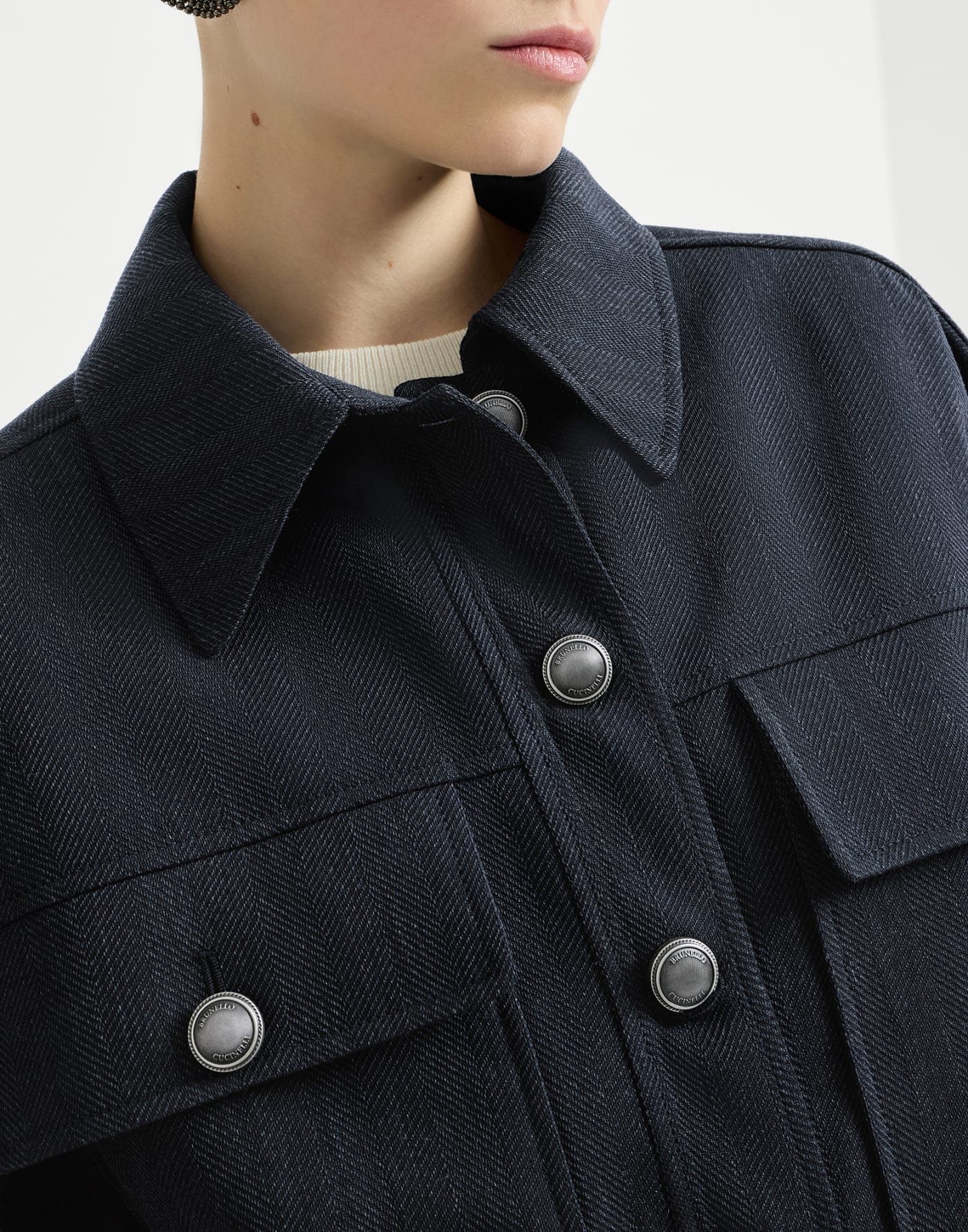 Crêpe chevron cropped outerwear jacket Navy Blue Woman - Brunello Cucinelli