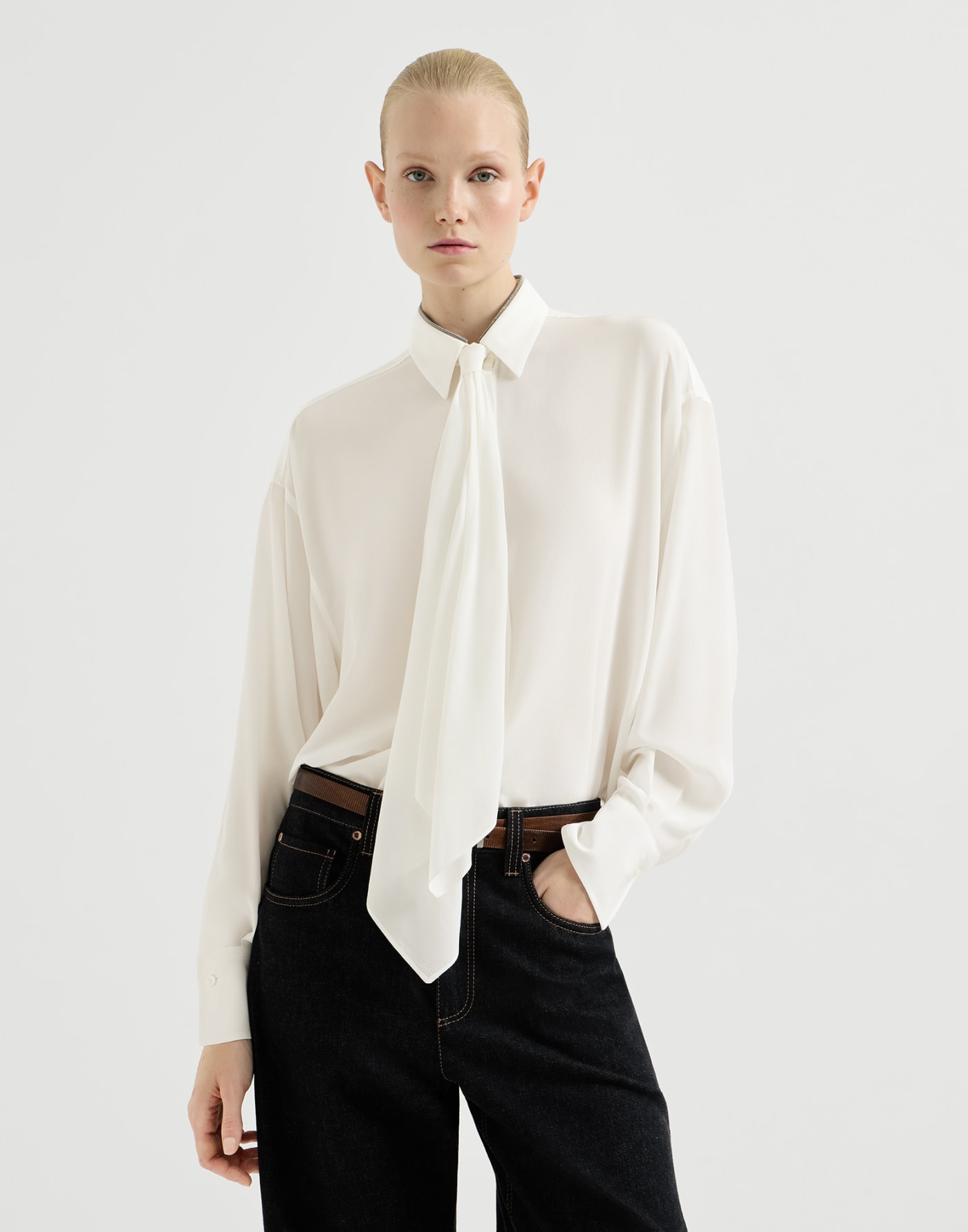 Silk shirt with tie White Woman - Brunello Cucinelli