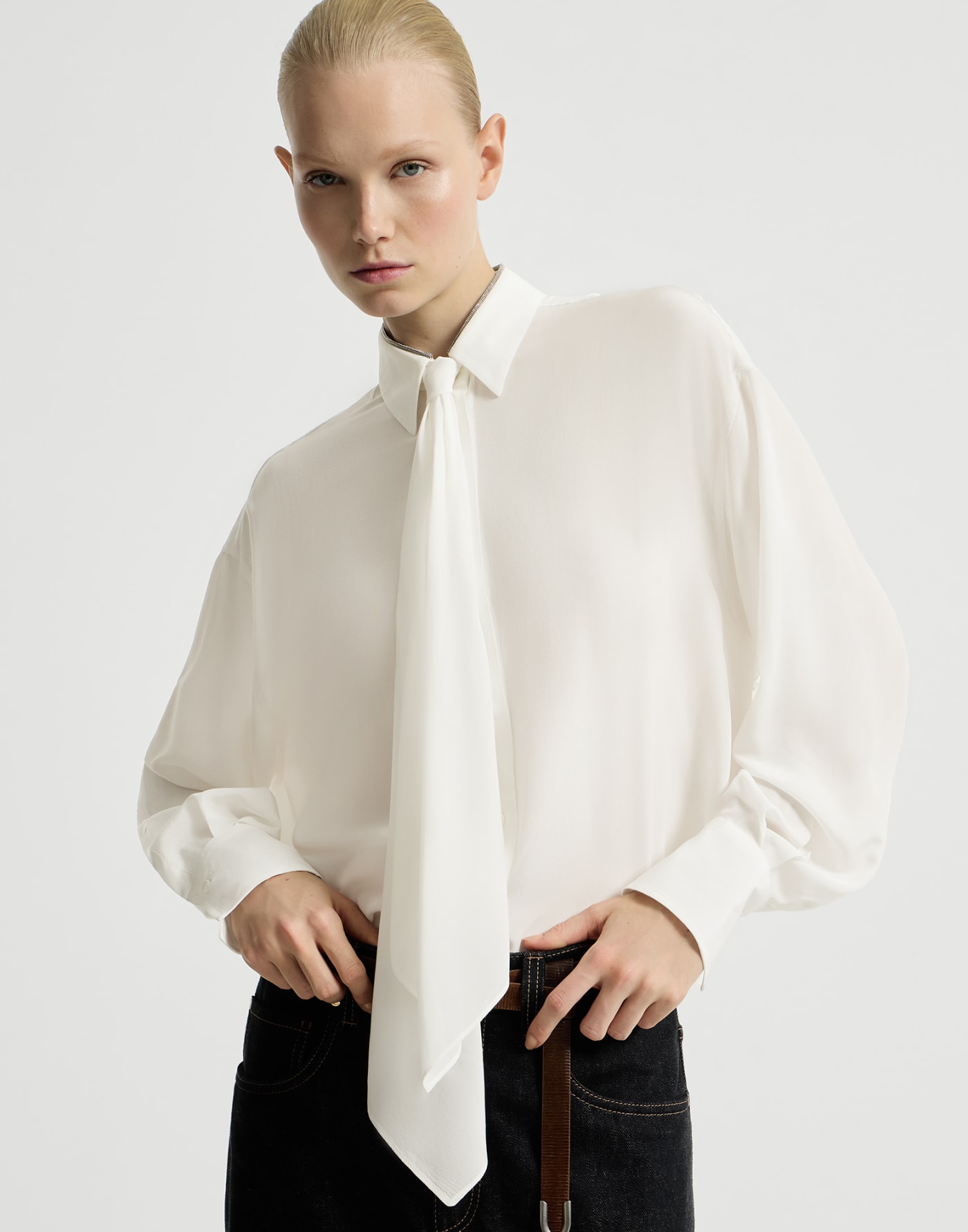 Silk shirt with tie White Woman - Brunello Cucinelli