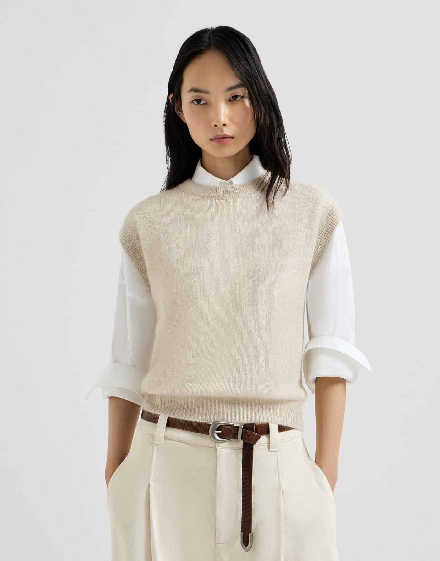 Sparkling mohair and wool T-shirt Ivory Woman - Brunello Cucinelli