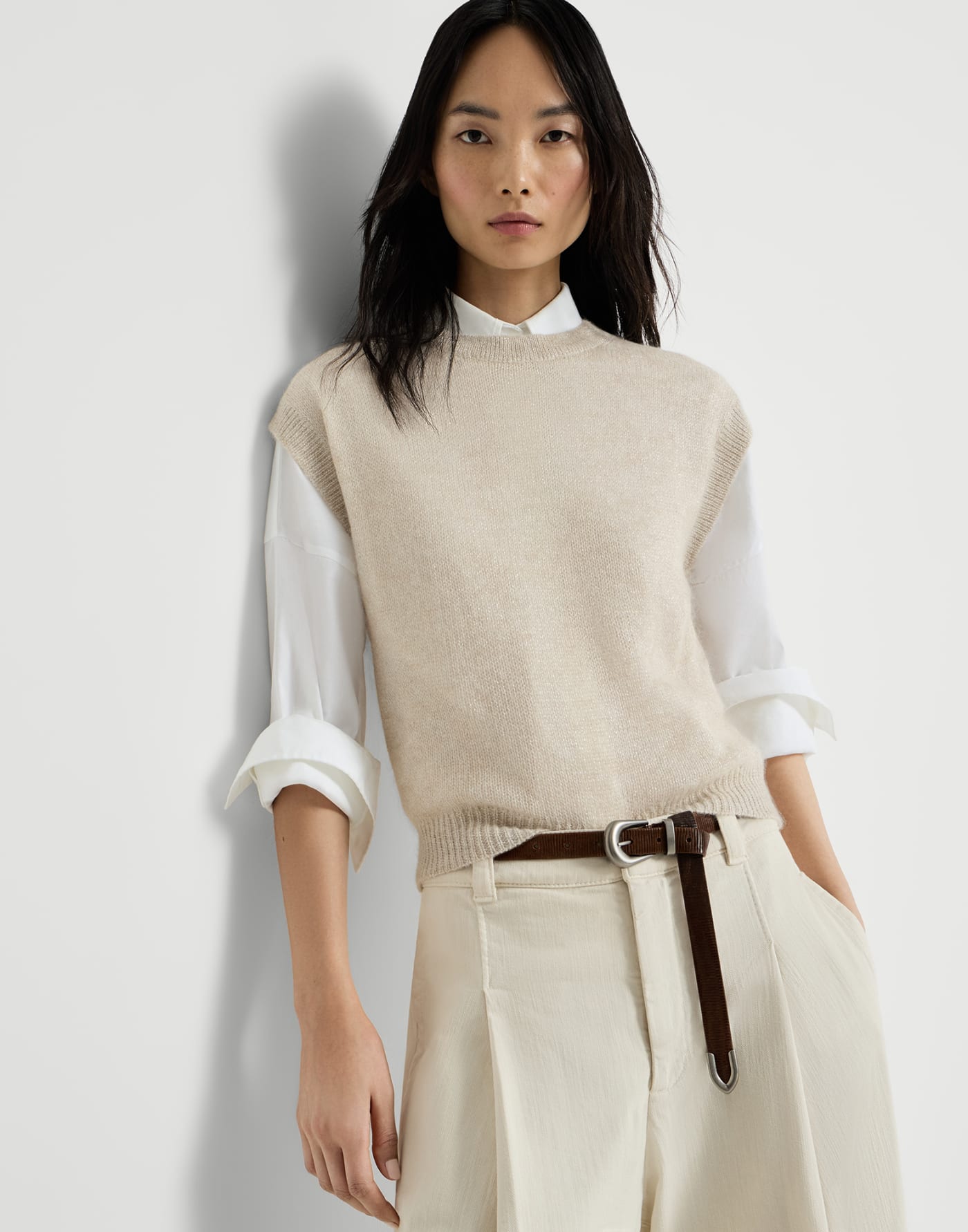 Sparkling mohair and wool T-shirt Ivory Woman - Brunello Cucinelli