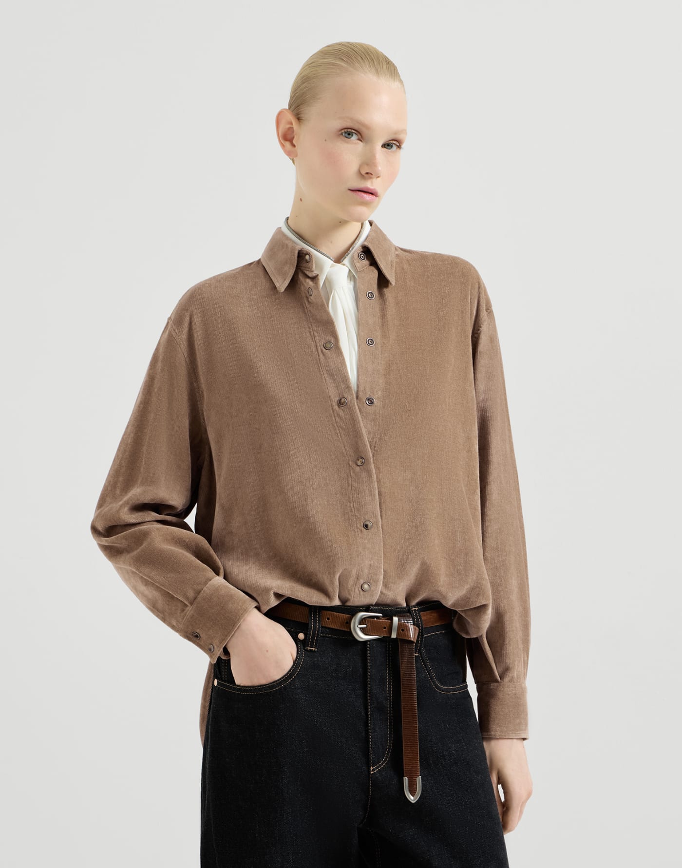 Fluid corduroy shirt Cappuccino Woman - Brunello Cucinelli